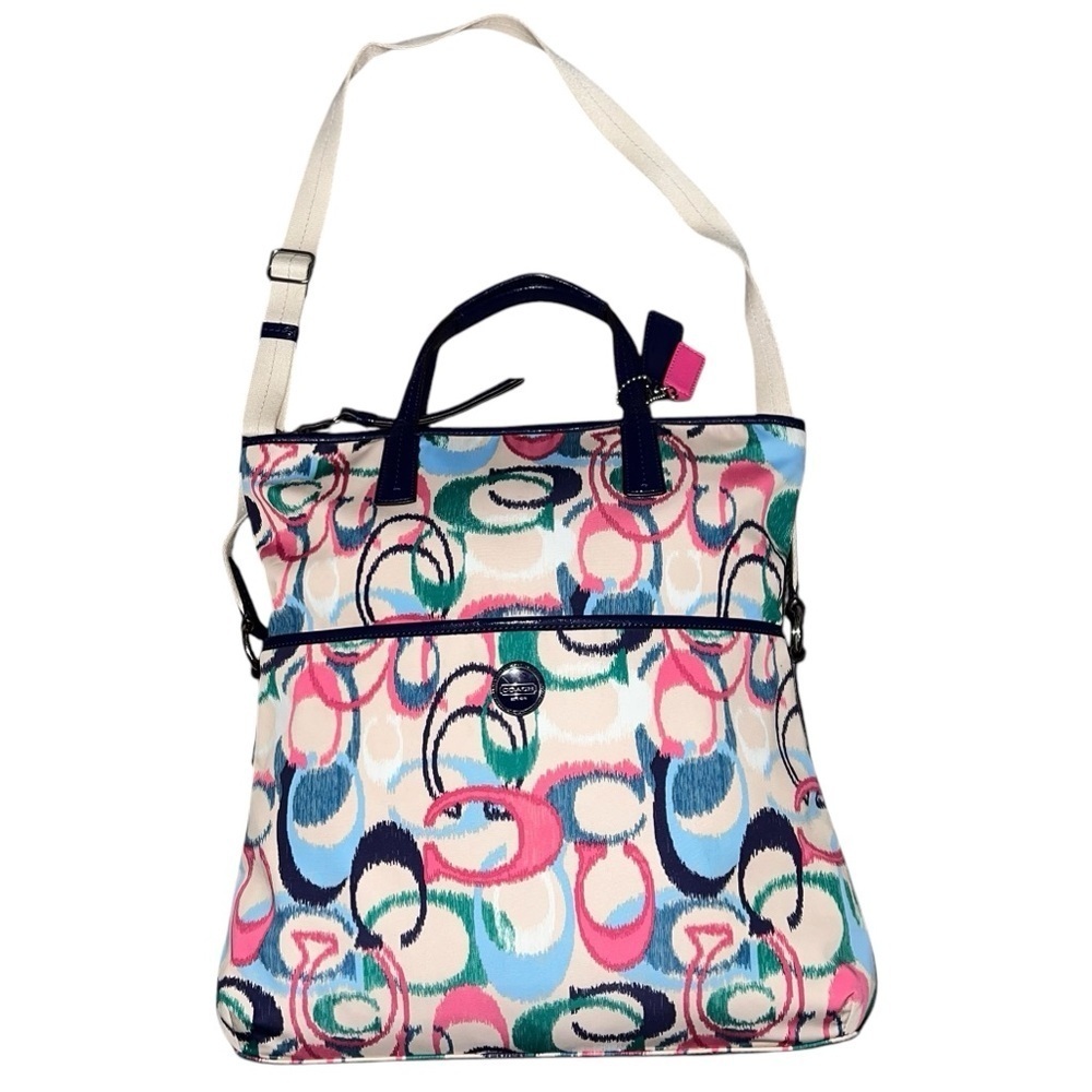 EUC Coach Signature Ikat Print Monogram Foldover Tote Crossbody Bag Navy Pink